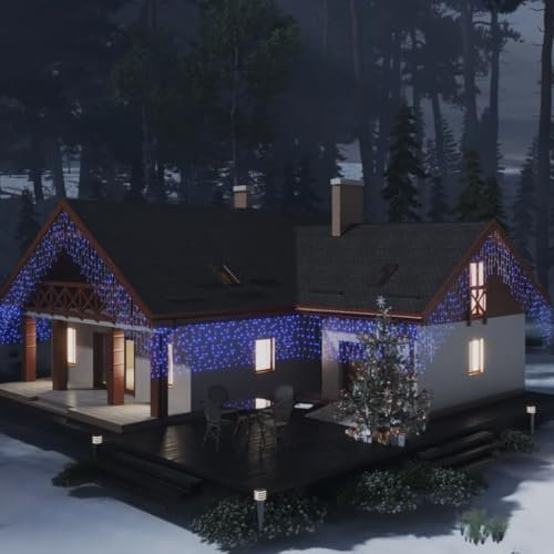 Hommdiy Lichtervorhang LED Eiszapfen 10 m 400 LED Blau 8 Funktionen