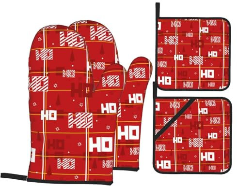 Hohoho Ofenhandschuhe und Topflappen-Set, hitzebeständig, Küchen-Backhandschuhe, rutschfeste Oberfläche zum Kochen, Backen, Grillen, Grillen
