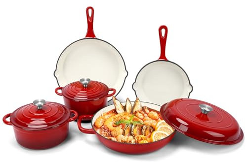 GFTIME Antihaft Emaille Gusseisen Kochgeschirr Set - 8 teiliges Töpfe und Pfannen mit Deckel, Bratpfanne, Schmortopf, Dutch Oven Set für alle Herdarten, ideal für Brotbacken, Rot