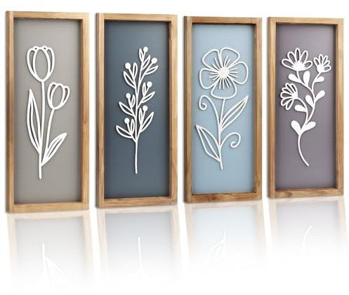 DETENE 4 Pieces 3D Boho Decor Wall Farmhouse Bohemian Wall Art Mid Century Floral Wood Wall Hangings 3D Line Floral Artwork for Bedrooms Living Rooms Home Kitchen Wall Decor