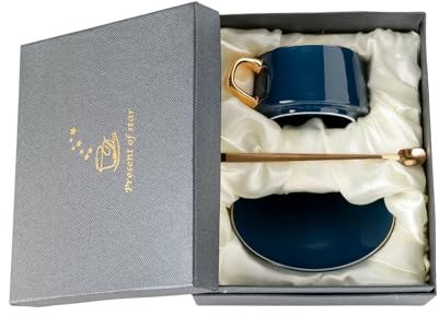Tazza da caffè e piattino con bordo dorato creativo e personalizzato, tè pomeridiano con cucchiaio, tazza e piattino con fiore di latte - scatola blu reale