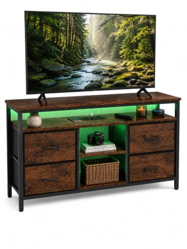 hitsuki Wohnzimmer Kommode Chest of Drawers | Vintage Industriestyle Kommode Sideboard mit Beleuchtung & 4 Schubladen | Multifunktional als Flur Schrank, Wohnzimmer Schrank | Metall&Holz 110x30x78cm