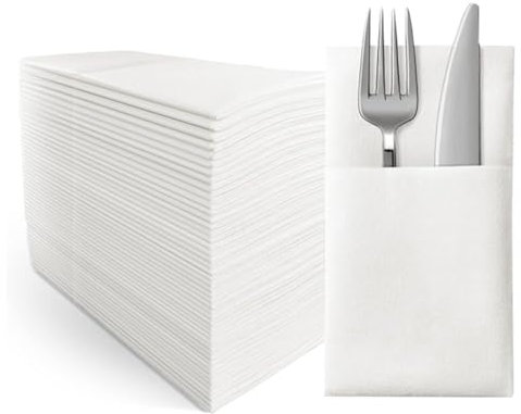 White Disposable Napkins,Built-in Cutlery Pocket,Disposable Linen Texture Napkins,Pre-Folded Silverware Suitable,50 Pieces