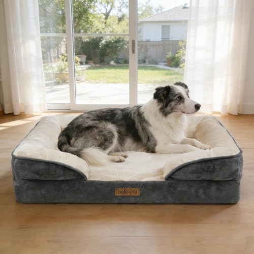 BELLA & PAL Orthopädisches Hundebett, 92x69x16 cm Hundesofa für mittelgroße/große Hunde-Hundekissen mit Eierschaum | wasserdichter Einlage | Abnehmbarer Bezug waschbar | Rutschfester Boden, grau