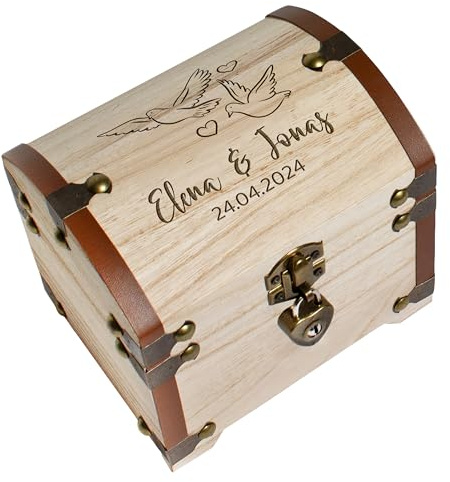 True Statements Personalisierte Schatztruhe mit Gravur & Schloss – Hochzeitsgeschenk für Brautpaar – Geldgeschenk Verpackung Hochzeit – Erinnerungsbox Schatzkiste - Holz, 14,5x11,5x13 cm