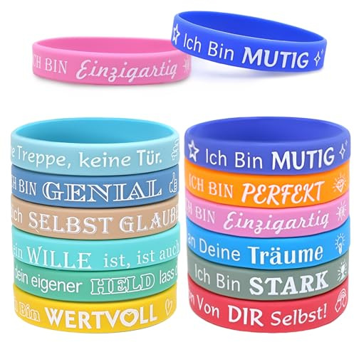 Erzekrim 24 Stück Motivationsarmbänder Kinder auf Deutsch, Silikon Armbänder, Motivierendes Silikonarmband in Mutmache, für Einschulung Geschenk, Abschiedsgeschenk, Party Mitgebsel