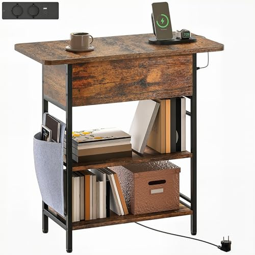 HOMCOM Table d'Appoint avec Station de Charge 60x29,8x58,5 cm Brun Rustique | Bout de Canapé Étroit, Prises et Ports USB, Sac de Rangement, Style Industriel, Table Basse, Salon, Chambre