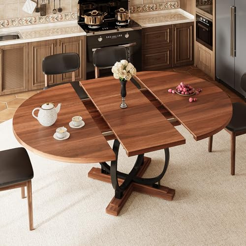 iPormis 59'' Extendable Round Dining Table for 4 to 6, Kitchen Table with Sturdy X-Base Metal Legs, MDF Board with Backboard Clasp, Space Saving, Easy Assembly, Kitchen, Dining Room, Walnut