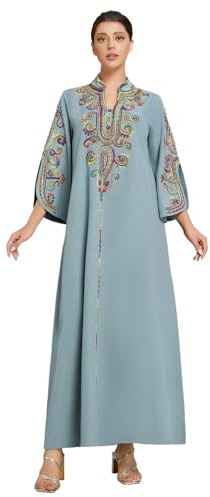 LHMDYMXD Plus Size Abaya Dress for Women – Elegant Split Sleeve Robe with Colorful Cord Embroidery, Modest Stand Collar Muslim Abaya for Eid, Ramadan (Medium)