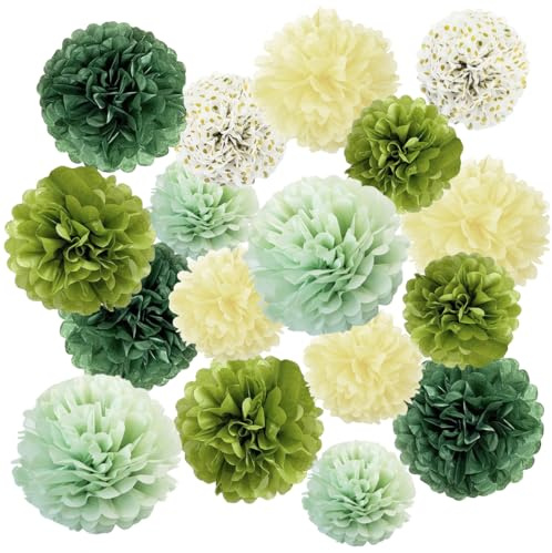 17 Stück Seidenpapier Pompons Papierlaternen Und Hängende Papier Girlande, Pompons Deko, Waldgrün Gartenparty Deko, Wiederverwendbare Geburtstagsdeko Für Hochzeit, Babyparty, Abschlussball