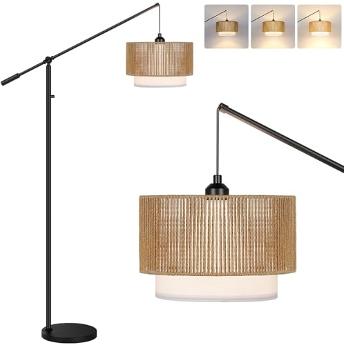 【Upgraded】Arc Dimmable Floor Lamps with Adjustable Swing Arm, 1100 Lumens Bulb Included, Modern Boho Standing Lamp with Rattan & Fabric Shades, Farmhouse Tall Floor Lamp for Living Room Bedroom, Black