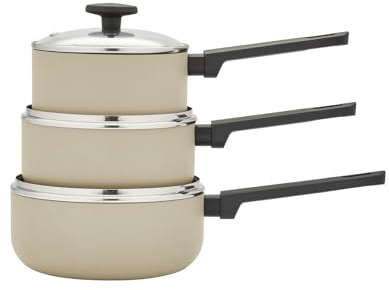 Morphy Richards 3-Piece Saucepan Set, Recycled Aluminium, 16cm, 18cm & 20cm Saucepans, Non Stick Coating, Soft Touch Handles, Suitable for All Hobs, Cream, 859003