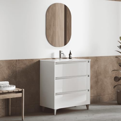 Mueble de Baño A Suelo con Lavabo Cerámico | Mueble Baño con Patas 3 Cajones con Tirador | 70 cm Blanco Brillo Tirador Cromo