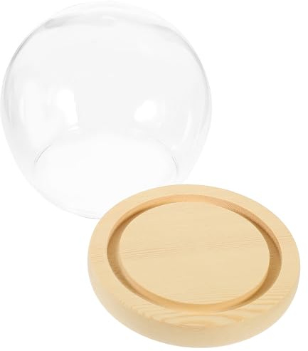 DIYEAH Vitrine en Cloche en Verre Transparente avec Socle en Bois Naturel, Dôme Décoratif de Table Sphérique 12 Cm, Vitrine D'exposition pour Objets de Collection et Micro-paysages