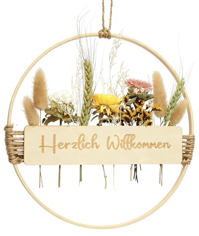 Trockenblumenkranz,25 * 25cm Willkommen Türkranz Deko Sommer | Boho Türdeko Ganzjährig Willkommensschild Haustür Hängedeko Trockenblumen Kranz für Wand Fenster Hochzeit Wohnzimmer Deko