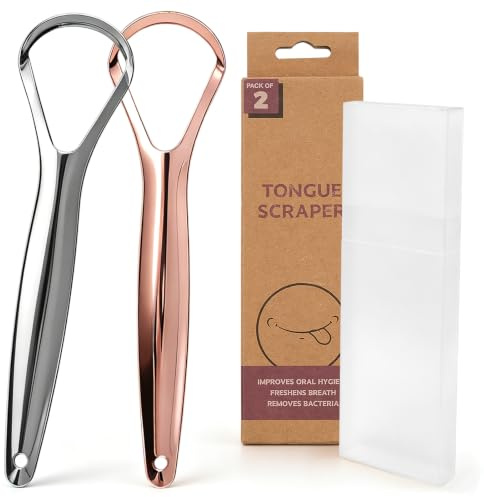 2 Piezas Limpiador de Lengua para Adultos, Raspador de Lengua de Acero Inoxidable con Caja, Raspadores Metálicos Oro y Plata para Cuidado Oral