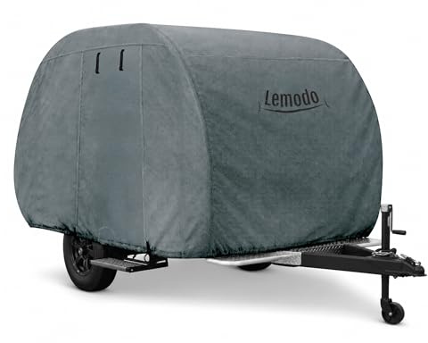Lemodo Wohnwagen Schutzhülle, 340x195x185 cm, 4-lagige Abdeckplane mit Reißverschluss, 3 Gurtbänder, Gummizug, Tropfenform, Größe L für kleine Wohnwagen, Caravan & Außenstellplatz (Tropfenform - L)