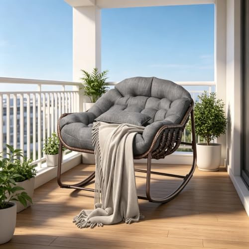Rattan-Schaukelstuhl für Terrasse, großer Papasan-/Ei-Sessel mit gepolstertem Kissen, Dunkelgrau
