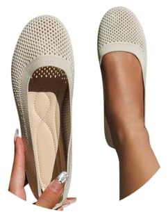 Ladies Ballet Pumps Wide Fit Stretch-Knit Ballet Flats Slip-On Round Toe Office Work Shoes for Women Comfort Breathable Dress Flats