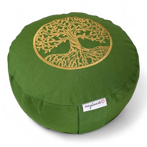 maylow Yoga med hjärta – yogamat meditationskudde med broderi livets träd 33 x 15 cm fylld med ekologisk dinkelpäls – överdrag och inlett 100 % bomull (oliv)