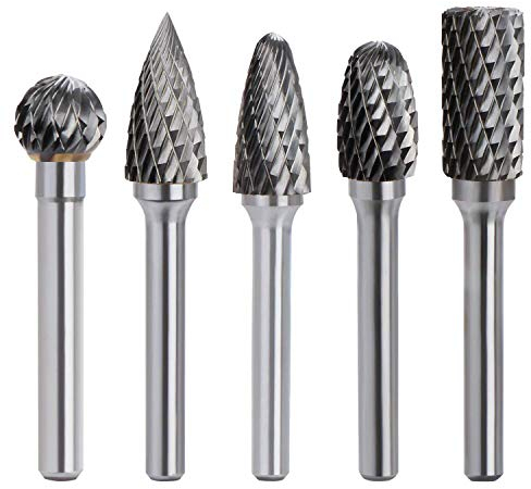 Double Cut Carbide Rotary Burrs Set - 5PCS 6mm(1/4) Shank Solid Carbide Rotary Burr File Set for Die Grinder Drill, Metal Carving,Polishing,Engraving,Drilling