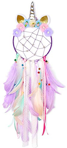 Beinou Einhorn Traumfänger Bunte Handgemachte Federn Blumen Traumfänger DIY Dream Catcher für Mädchen Kinder Kindergarten Schlafzimmer Wandbehang Dekoration Segen Geschenk
