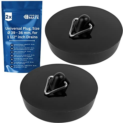 Tapones universales, Juego de 2, para Fregadero, Tapones para Drenaje de 1-1/2“, Ø 39 – 36 mm, caucho, Tapones para Desagües, Tapones para Bañeras, Tapones de Repuesto para lavabos, negro