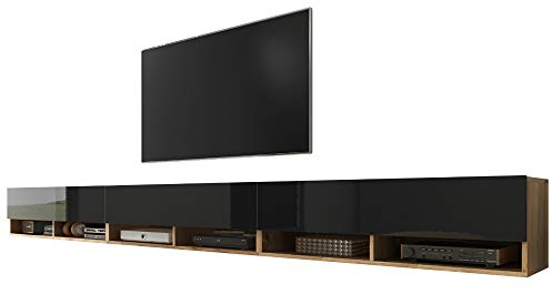 Selsey Wander - TV-Board/Fernsehschrank für Wohnzimmer hängend/stehend, optional mit LED, 300 (3 x 100) cm breit (Holzoptik Wotan Eiche/Schwarz Hochglanz, ohne LED)