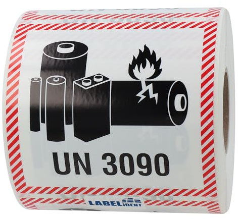 Labelident Lithium-Metall-Batterien Transportaufkleber UN 3090, 100 x 100 mm, 500 Etiketten aus PE-Folie (Polyethylen) auf Rolle, Gefahrgutaufkleber für Versand