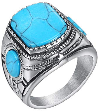 HIJONES Herren Jahrgang Blau Türkis Onyx Edelstein Ring aus Edelstahl Silber