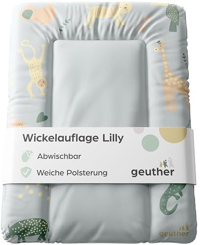 Geuther Wickelauflage abwaschbar 52 x 72 cm | Wickelunterlage Lilly für Wickelregal Clarissa & andere | Erhöhter Rand & Kopfschutz für hohe Sicherheit | Wickeltischauflage | Design Safari