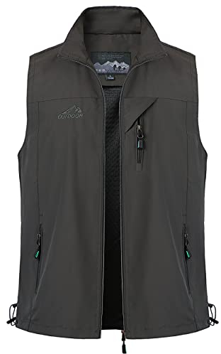 Yukirtiq Herren Outdoor Anglerweste Leicht Safari Weste Multifunktionsweste Atmungsaktiv Angeln Weste Jagdweste Taschen Wandernweste Fotografie Ärmellos Jacke, Grau, 3XL