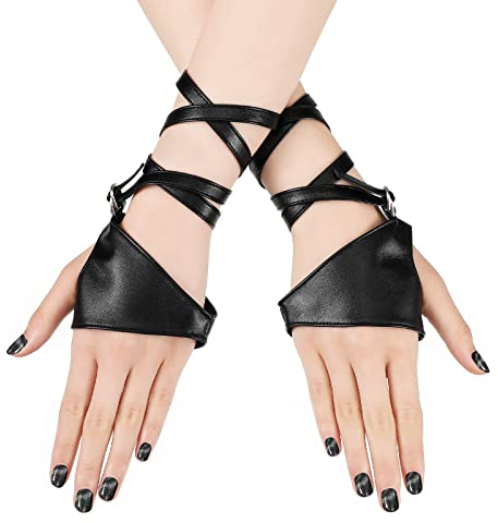SATINIOR Leder Punk Handschuhe für Damen Halloween Kostüm Zubehör Schwarz PU Half Palm Fingerlose Lederhandschuhe für Frauen Mardi Gras