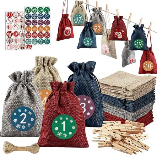 24 Adventskalender zum Befüllen 2025 mit 2 Stück 24 Adventszahlen Aufkleber, Jutesäckchen 9.4 × 14 cm, DIY Weihnachtskalender zum Selberfüllen, Klein Weihnachtskalender Säckchen für Kinder mit Zahlen