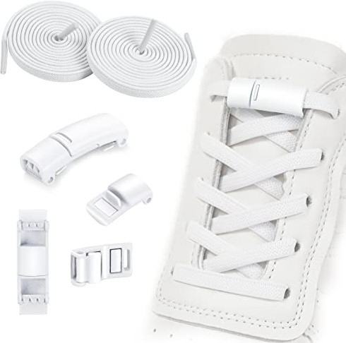 OSDUE 2 Paia Lacci Magnetici - Lacci Scarpe Elastici con 4 Chiusura Magnetica in Metallo, Lacci Elastici Senza Nodo per Bambino e Adulti, Lacci Magnetico in Gomma per Scarpe Sportive e Casual (Bianco)
