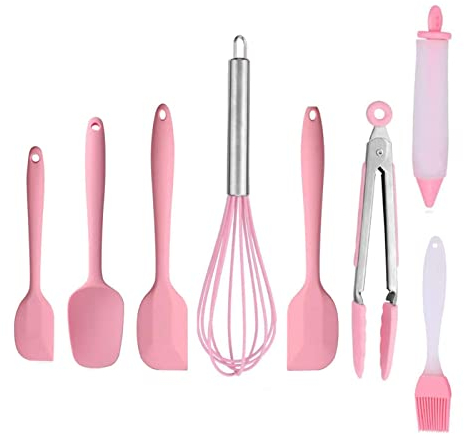 Set di utensili da cucina in silicone rosa, set di utensili da cucina in silicone, resistente al calore, frusta in silicone, per pasticceria, clip per alimenti