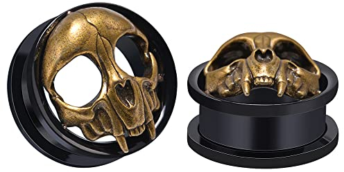 COOEAR 1 Paar Edelstahl-Ohrtunnel und -Stöpsel, schwarzer altertümlicher goldener Totenkopf Ohrmessgeräte 0g bis 1 Zoll