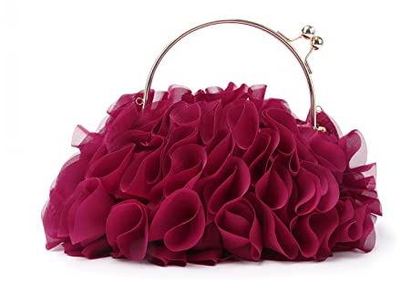 Jywmsc damer blommor clutch plånböcker satin blomma kväll väska fest bal handväskor, Vinröd, Retro
