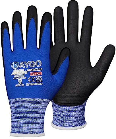 KAYGO Arbetshandskar för män 3 par, mikroskum nitril belagt ventilerande nylon skyddshandskar, halkskydd grepp lätt oljeresistenta, perfekt för bilarbete, KG18N (blå, XL, storlek 10)