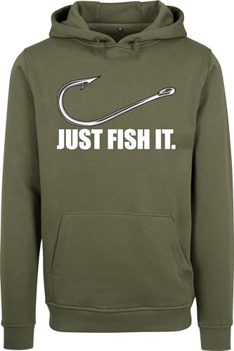 Baddery Angler Hoodie Herren - „Fish It“ (Oliv S) | Kapuzenpullover für Angler und Hobbyangler