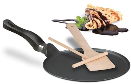 Relaxdays Sartén para Crepes con Esparcidor de Masa y Espátula de Madera, Apta para Inducción, Aluminio, Ø 25 cm, Negro