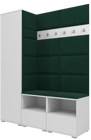RAVIO Flurgarderobe 150 cm Ink. Schuhschrank mit Sitzbank, Garderobe Set mit Garderobenpaneel, Wandpolster & Push to Open Türen - Weiß + / Wandpaneel Grün