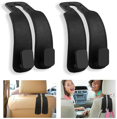 Tikplus 2 Autositze mit Doppelhaken und Rückenhaken - Leder Aufbewahrungshaken für Auto, Kopfstütze Haken Taschenhaken, perfekt für Handtaschen - Schwarz