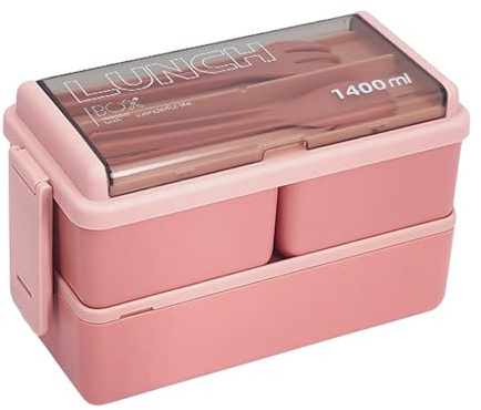 Brotdose Erwachsene Lunchbox mit 4 Fächern, 2-Lagen Brotzeitbox Bento Box Auslaufsicher Jausenbox mit Besteck für Männer Frauen, 1400ML Frühstücksbox Vesperdose für Büro, Arbeit, Picknick (Rosa)
