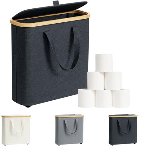 AISENNO 30L Toilettenpapier Aufbewahrungskorb, Klopapier Aufbewahrung Box aus Bambus, Faltbarer Badezimmer Organizer für 12-16 WC Rollen, mit Griffen, für Bad und Haushalt Dunkelgrau