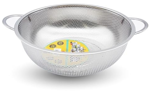 STL Steel Colander with Double Handles 25.5cm, Micro-Perforated for Draining Pasta, Rice, Fruits, Vegetables, Dishwasher Safe Kitchen Strainer, Metal Food Filter, Easy to Clean and Durable