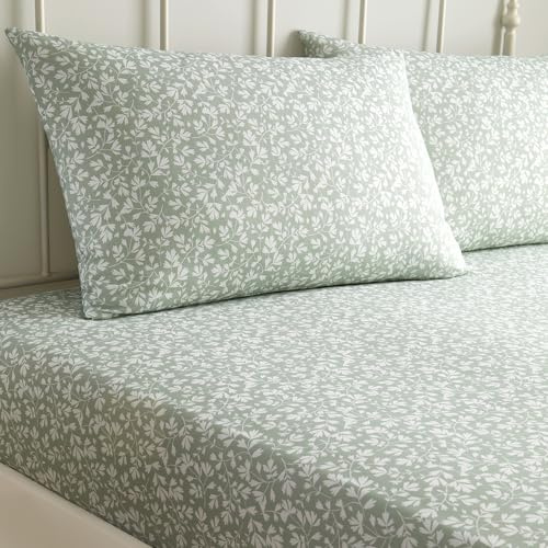 Dreams & Drapes Spannbettlaken mit Blumenmuster (200 x 150 x 28 cm), luxuriöses Baumwollmischgewebe, passender Bettbezug erhältlich, grünes Bettlaken mit Blatt, Kingsize-Bett