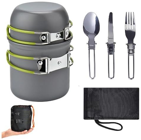 Camping Geschirr Set, Camping Töpfe Aluminium, Faltbare Camping Kochset, Campingkocher Set mit Besteck und Topf, Outdoor Geschirr für Picknick Wandern, Camping Kochgeschirr Set