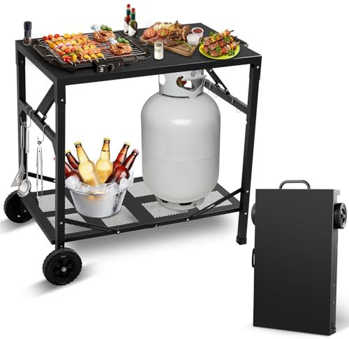KHAMAL Carrello pieghevole per barbecue da esterni, tavolo portatile per pizza con ruote, tavolo da pranzo portatile per esterni, barbecue, interni, cucina