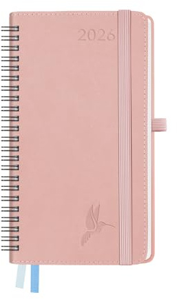 FEKSINO Agenda De poche 2026 Semainier 18 x 9,8 cm - Couverture Souple en PU Cuir Spirale, janvier à décembre 2026,A6 Petit Planner Scolaire Mois, Papier 100 g/m²,Rose